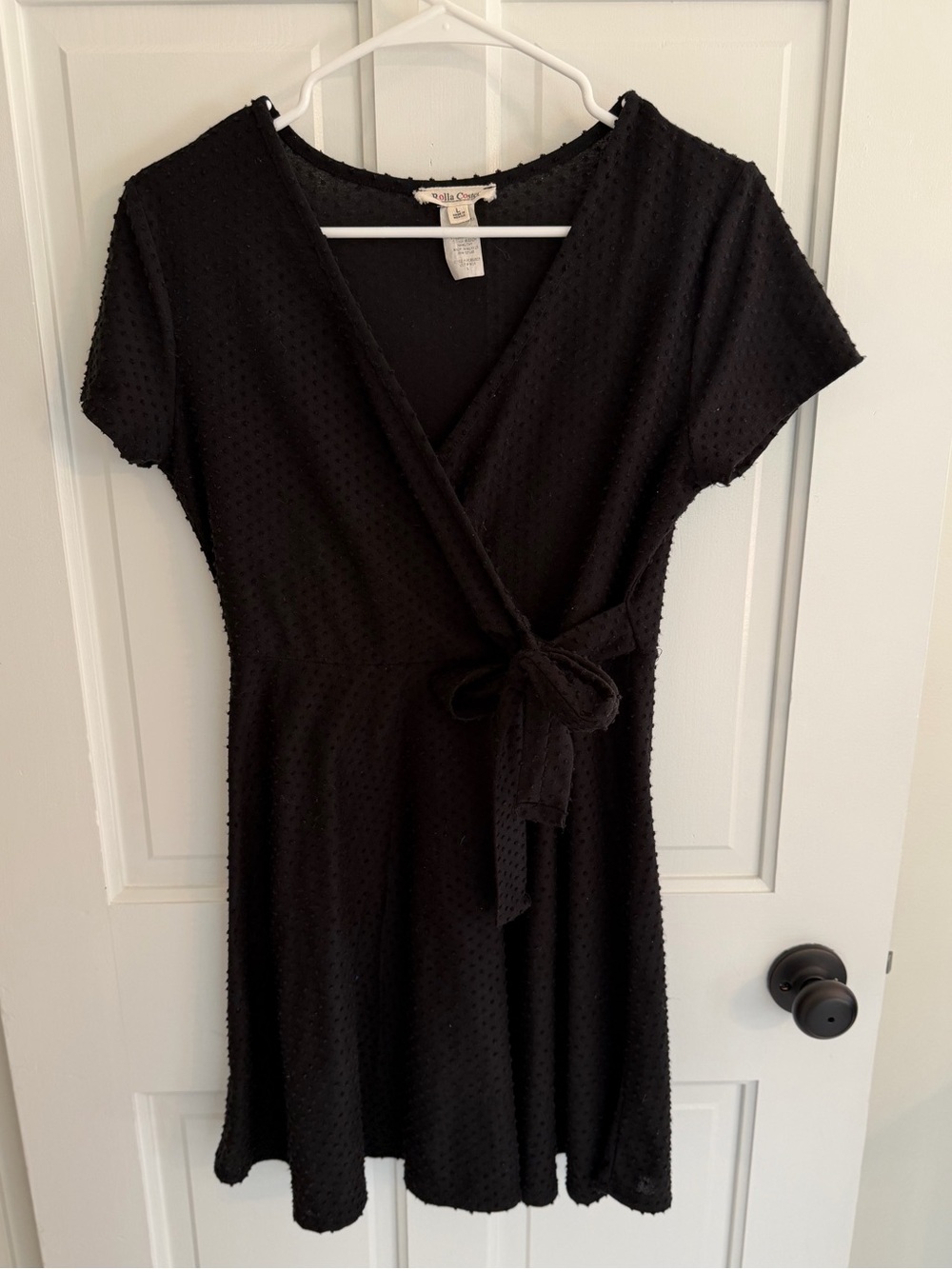 Rolla Coster Black Swiss Dot Faux Wrap Tie Waist Mini Dress L